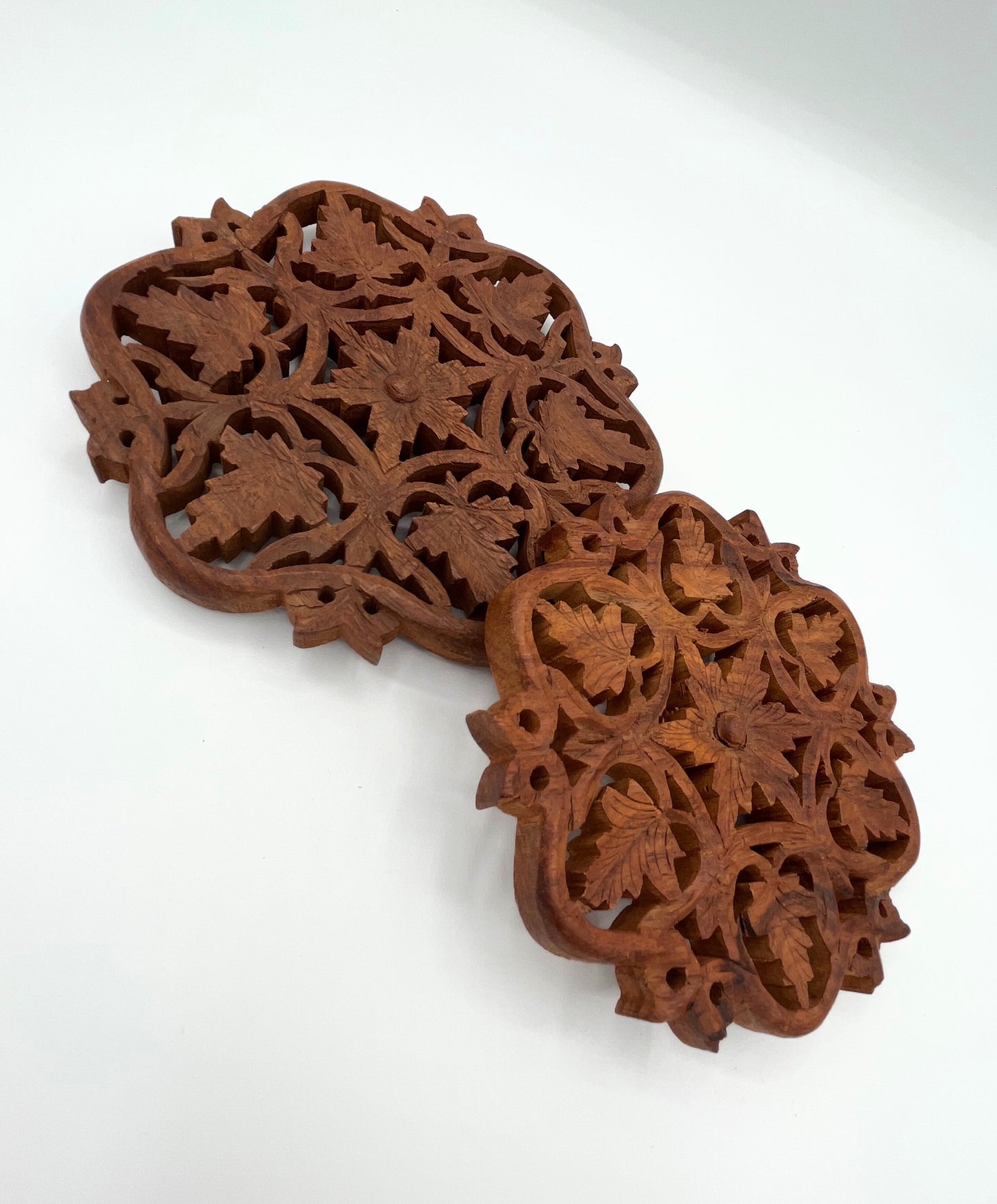 Vintage Hand-Carved Teak Trivets Set of 2