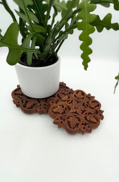 Vintage Hand-Carved Teak Trivets Set of 2